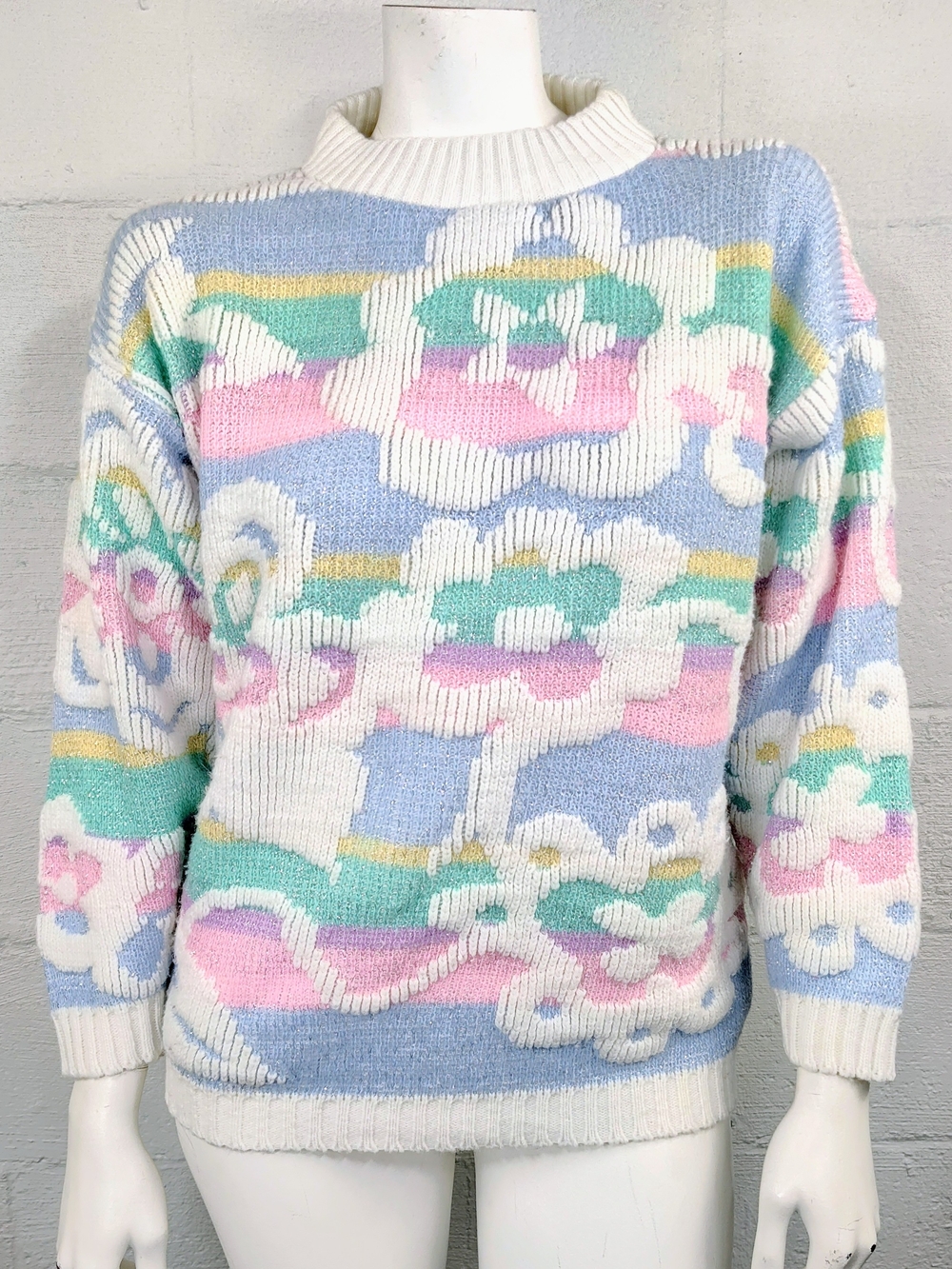 Pastel Floral Crewneck Sweater in Blue, Pink & Cream
